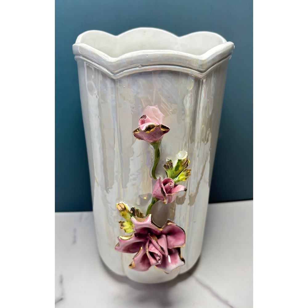 Vintage Capodimonte Italy Iridescent Pearl Vase Pink 3D Roses Gold Trim 10 inch